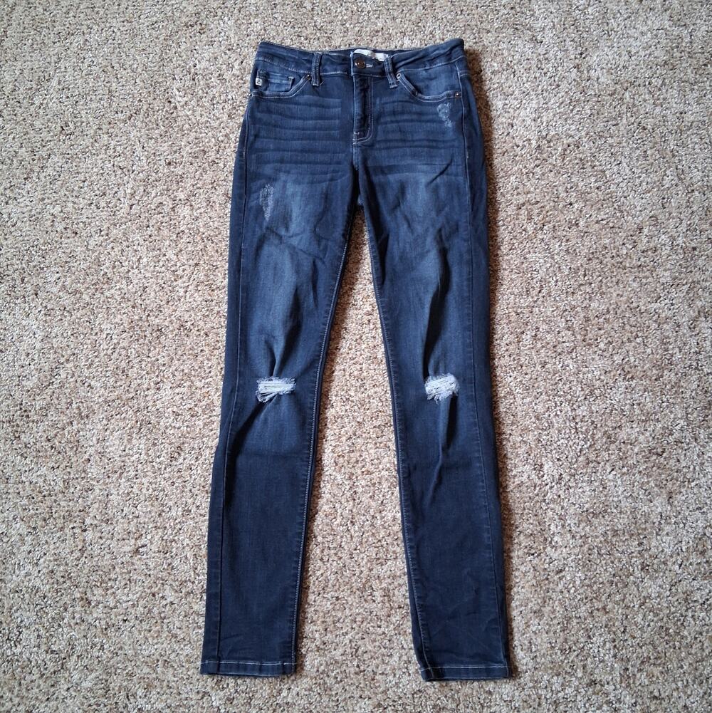 KanCan Estilo Women's Sz 7/27 Skinny Jeans Dark Blue Wash Destroyed Ripped Knees